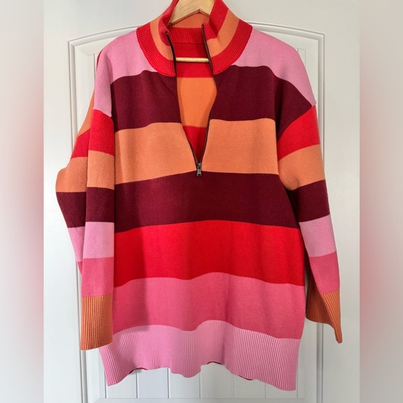 NWOT Women’s Striped Half Quarter Zip Long Sleeve Drop Shoulder Sweater Size XL - Picture 1 of 8